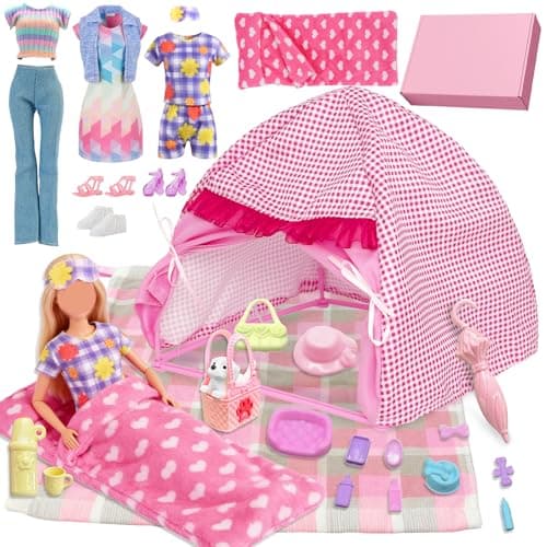 28Pcs Doll Clothes Travel Camping Tent Set, 11.5 Inch Dolls Accessories with Doll Tent Sleep Bag Clothes Picnic Mat Pet Supplies Travel Goods Pet Dog Eye Mask Shoes for Kids