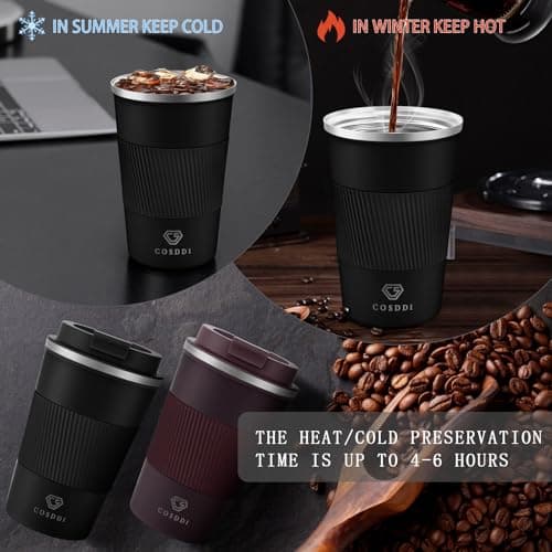 CS COSDDI Travel Mugs, Insulated Cup With Leakproof Lid - Reusable Travel Mug - Car Cup - Stainless Steel Mug for Hot and Cold Coffee, Water and Tea (Black-A, 380 ml) — view 2