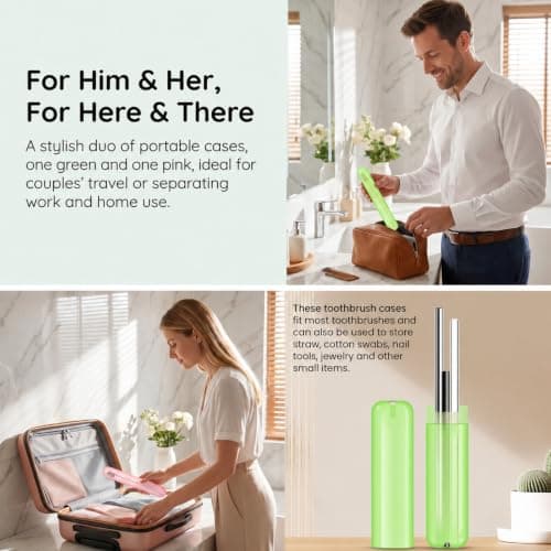 2pcs Travel Toothbrush Case, Toothbrush Cover for Travel with Drain Hole, Matte Green Pink Toothbrush Case Storage Box for Travel Camping School Business — view 4