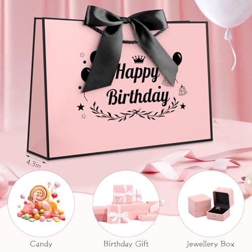 YoungTree Happy Birthday Gift Bag for Her, Medium Pink with Black Frame — view 5