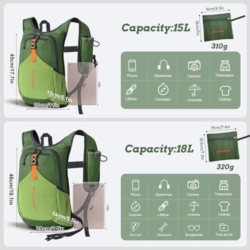BECOJADDE 15L Hiking Backpack for Men Women Foldable Small Rucksack Lightweight Mini Backpack for Camping Travel Outdoor, Olive Green — view 4
