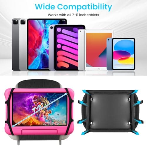 URAQT Upgraded Car Headrest Mount Holder, Tablet Holder for Kids in Back Seats, Anti-Slip Strap and Holding Net, for 7-11-inch iPad mini/Air/Pro, Switch, Galaxy Tabs, and iPhones — view 2
