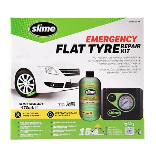 Slime CRK0305-IN Smart Repair Kit, Emergency Flat Tyre Puncture Repair, includes 473mL of Sealant and a Tyre Inflator, suitable for Cars and other Highway Vehicles, 15 Min Fix