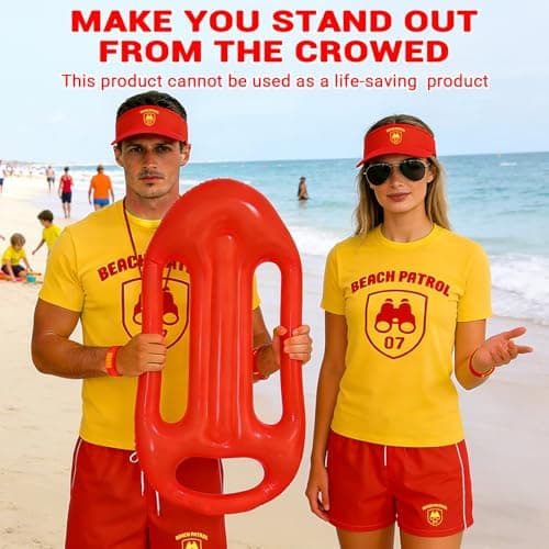 8Pcs Lifeguard Costume Set, Baywatch Costume Include T-shirt Shorts Hat Fanny Pack Whistle Wristband Inflatable Float Prop Life Guard Fancy Dress for Men Women Pool Party, Festival, Cosplay Events — view 6