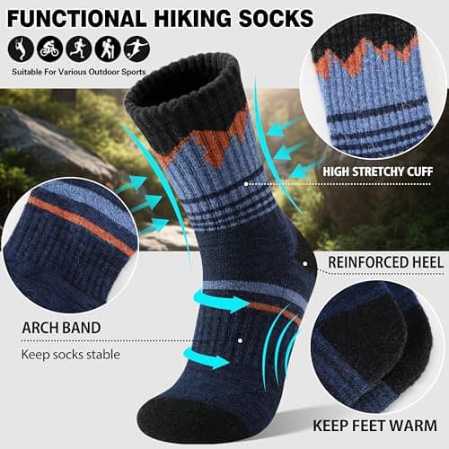 Sandsuced Mens Merino Wool Hiking Socks Thermal Cosy Walking Winter Warm Crew Breathable Socks Stocking Fillers 5 Pairs(Assorted Blue,7-11) — view 3