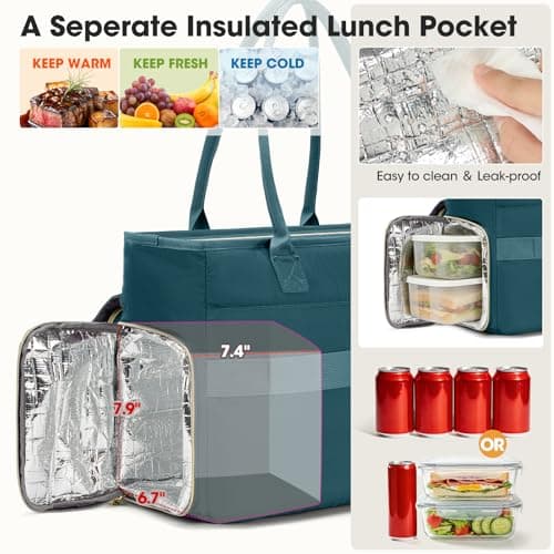 RAINSMORE Teacher Tote Bag for Women with Lunch Compartment Large 15.6 Inch Laptop Bag Nurse Bag with Insulated Section Water-Resistant Work Handbag for Office, College, Travel, Green — view 3