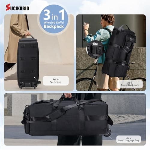 SUCIKORIO Travel Duffle Bag with Wheels 3 in 1 Travel Backpack Wheels Waterproof Oxford Carry On Hand Luggage Backpack with Combination Padlock Weekend Gym Bags for Women, Men, Travelling, Black — view 3