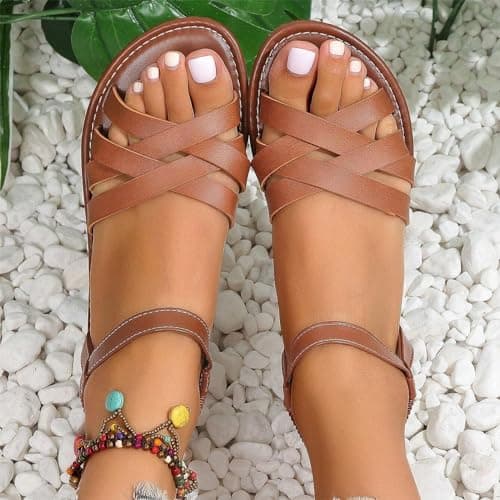 Women's Sandals UK Slingback Flat Feet Leather Roman Sandals Women Casual Travel Breathable Flip Flop Womens Wide Fit Slippers Ladies Summer Beach Shoes for Indoor and Outdoor Size 3.5-7.5 Brown — view 5