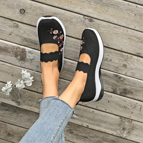 Ladies Running Trainers, Orthopedic Shoes for Women Wide Fit Slip On Walking Loafers Breathable Mesh Non-Slip Shoe Lightweight Arch Support Comfort Flats for Work Travel Casual Sneakers Black — view 3