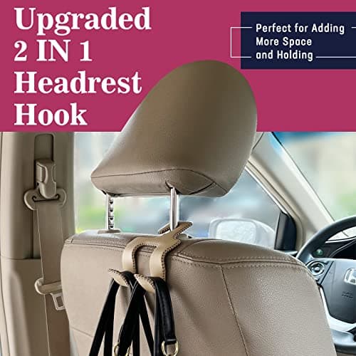 TISOHUGO Upgraded Headrest Hooks for Purses and Bags, 2 in 1 Car Back Seat Head Rest Hanger Matching Cars Interior Genuine Leather Vehicle Storage Holder Hook, 1 Pack, Black — view 2