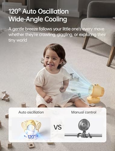 JISULIFE Chic Stroller Fan 2026 –Baby Cool Helper: Smart 120° Auto Oscillation with 100 Speeds, 21H Super-Long Battery, Portable Baby Fan for Crib, Stroller & Bedroom, Gift for Moms-Yellow(Quadpod) — view 2