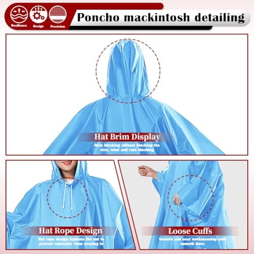 CHGANG Waterproof Poncho Adult, Reusable Rain Poncho Lightweight Waterproof Raincoat Emergency with Hood for Outdoor Hiking Camping Cycling Traveling (Blue) — view 3