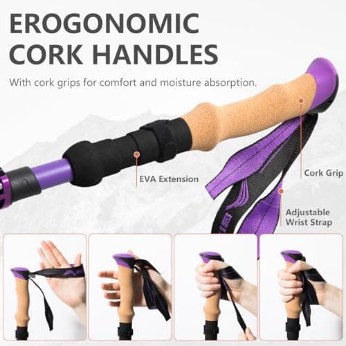 BISINNA Carbon Fibre Trekking Poles, 2-Pack, Lightweight Collapsible Walking Sticks, Quick Lock System (Purple, 95-115cm) — view 2