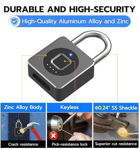 eLinkSmart Fingerprint Gym Locker Lock, Keyless Biometric Padlock, Weatherproof Electronic Digital Smart Combo Pad Lock for Outdoor Fence Gate Storage Helmet Ski Pool Shed (Black, with Cable) — view 5