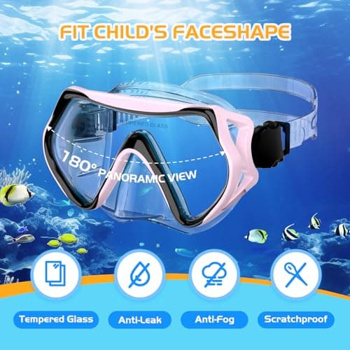 MELUMILU Kids Snorkel Set, Dry Snorkel Set 180° Panoramic Wide View Anti-Fog Scuba Diving Mask, for Kids Youth Boys Girls Junior Age 5-15 (Pink) — view 3