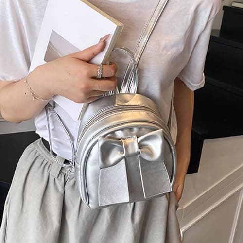 Stylish Bow Zipper Backpack - Casual Daypack Made of Lightweight Durable Nylon for Daily Use, Travel, Work, College, School, Commuting, Outdoor Activities, silver, standard size, Rucksack Backpacks — view 4