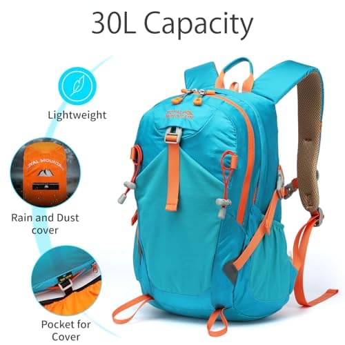 Lightweight Hiking Backpack, 30L Women/Men Waterproof Travel Rucksack Bag with Rain Cover, Outdoor Small Foldable Daypack for Student, Fit for 15.6 inch Laptop (Lake Blue, 30L) — view 4