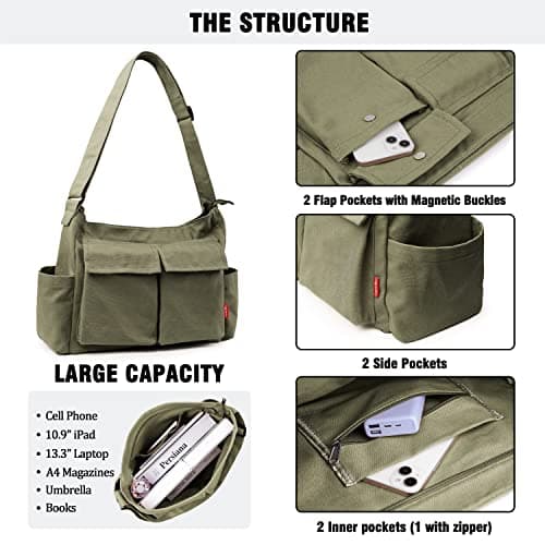 Captain Blues Large Capacity Canvas Messenger Shoulder Bags for Women, Soft and Solid Denim Leisure Travel Bag with Multiple Pockets and Adjustable Straps - Perfect Denim Crossbody Bags (Green) — view 5