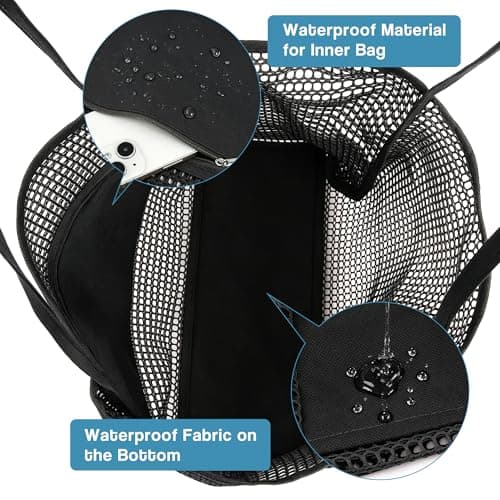 Poeruse Beach Mesh Tote Bag, Beach Bags for Women with Zip, 26L Mesh Handbags, Travel Shopping Handbag for Holiday (Black) — view 5