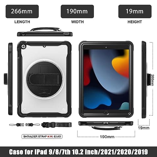 Gerutek Case for iPad 9th/8th/7th Generation 10.2 Inch, Heavy Duty Shockproof, Rugged Cover with 360° Rotating Stand & Hand Strap, Shoulder Strap, Drop Protection Shell with Clear Back, Black — view 2