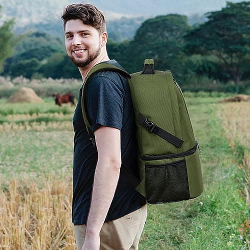 TUGUAN Insulated Cooler Backpack 28L Leakproof Cool Bag Rucksack Double Deck Bottom Thermal Compartment 16 Cans Picnic Backpack for Lunch, Beach, Camping, Green — view 2
