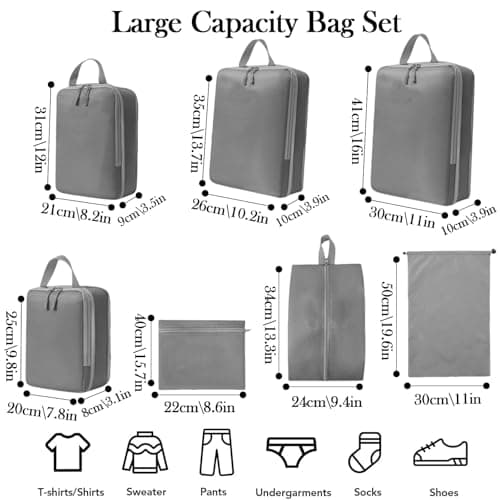 7PCS Compression Packing Cubes Set, Travel Luggage Organiser Bags for Suitcases & Backpacks, Space-Saving Packing Organisers for Trips (Grey) — view 2