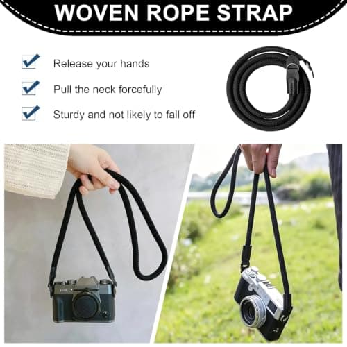 Camera Strap Nylon Rope Camera Neck Strap Compatible with DSLR, Mirrorless and Compact Cameras, 100cm Camera Neck Shoulder Strap with Leather Ends, Anti-Slip Camera Straps for Photography Travel Black — view 6