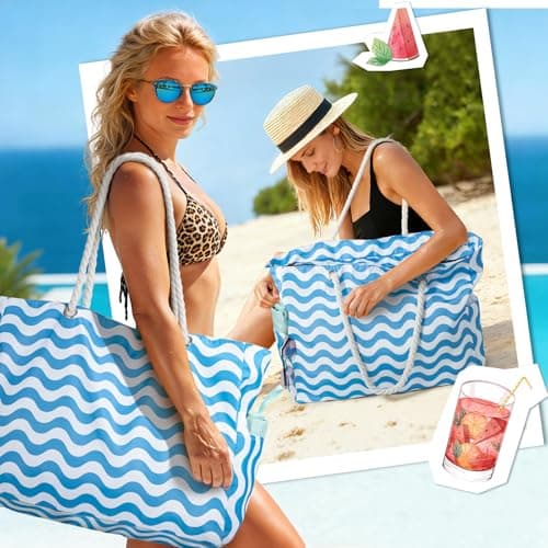 Large Beach Bag for Women with Zip,Summer Beach Tote Bags with Pockets — view 6