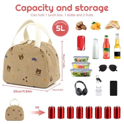 SUOXU Insulated Lunch Bag for Men Women Kids Cool Bag- Reusable Thermal Food Bag with Leak-Proof Liner, Cooler Tote for Work, School, Picnic & Travel (Coffee Bear-5L) — view 3