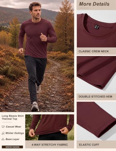 TACVASEN Men's Thermal Long Sleeve Top Crew Neck Base Layer Wine Red, XL — view 4
