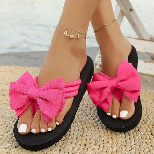 Flower Flip Flops Women Beach Slippers Size 8 Boho Open Toe Slip on Flat Sandals Summer Comfortable Yoga Mat Thong Sandals for Pool, Travel Vacation Slippers Bow Hot Pink Footwear Gift — view 2