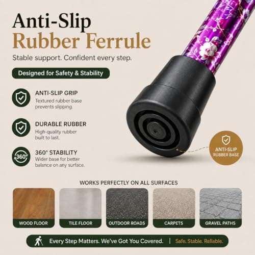 Hataf Adjustable Walking Stick 84cm-92cm, Folding Walking Sticks for Women/Ladies, also for Men, Mobility Aids, Walking Sticks with Rubber Ends (Purple Flowers) — view 2