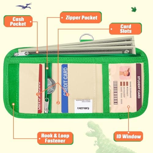 WAWSAM Kids Dinosaur Wallet - Trifold Toddler Wallet with Lanyard, Zippered Coin Pocket, Card Holders for Boys Ages 4-12 — view 3