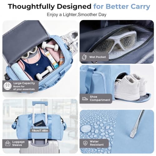 FIORETTO Gym Bag Womens, Sports Bag with Shoe Compartment, Light Blue — view 4