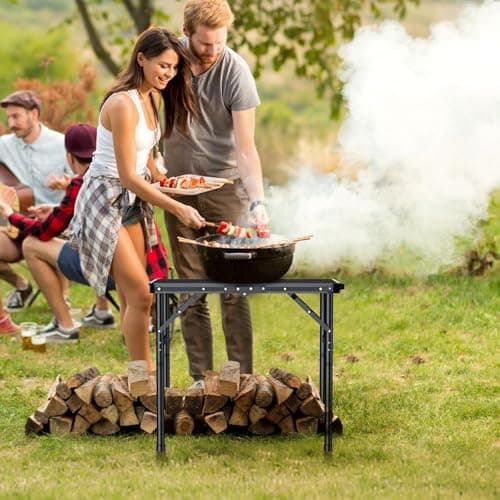 Anbte 2ft Folding Grill Table Max 74cm, 3 Adjustable Heights Lightweight Camping Table with Heat-Resistant Mesh Tabletop Portable Handle, Waterproof, for Cooking BBQ Outdoor Indoor, 60 X 40 cm, Black — view 2