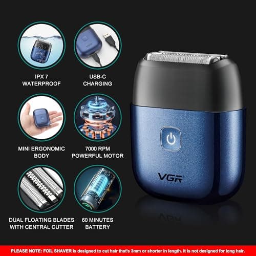 VGR Mini Electric Foil Shaver for Men – Compact Travel Razor – Pocket Size Portable USB-C Cordless Beard & Face Shaving Machine – IPX7 Waterproof Bald Head Battery Shavers – Mens Wet Dry Close Shave — view 2