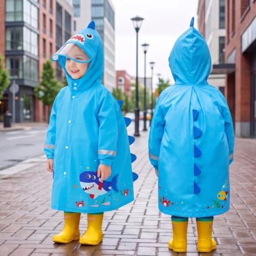 Adiwo Rain Poncho Girls Boys, Boys Girls Portable Raincoat, Kids Raincoats with Hood, Cartoon Poncho Toddler, Kids Lightweight Rainwear Waterproof Reusable, Blue Shark (M) — view 2