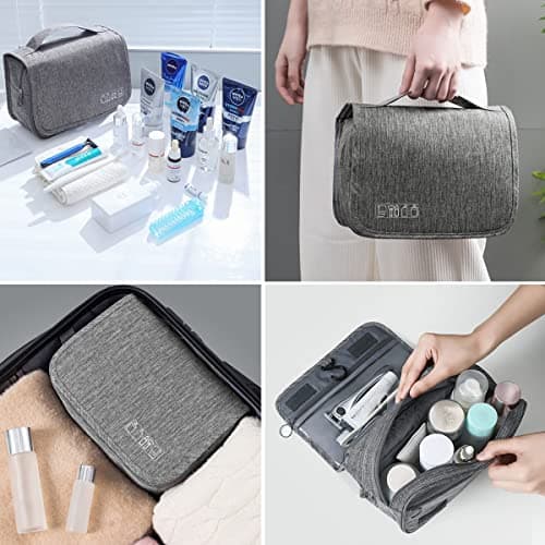 Hanging Travel Toiletry Bag, YYGOJOY Folding Travel Wash Bag, Portable Makeup Cosmetic Organizer, Waterproof Bathrooom Shower Bag with Hook for Men Women Kids (Grey) — view 5