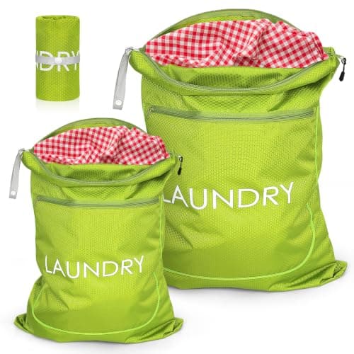 2 Packs Laundry Bags, Foldable Dirty Clothes Travel Laundry bag with Zipper, Washable Wet & Dry Organizer for Gym, Swimming, Yoga, Workout & Swimsuits(Neon Green( Small+ Large))