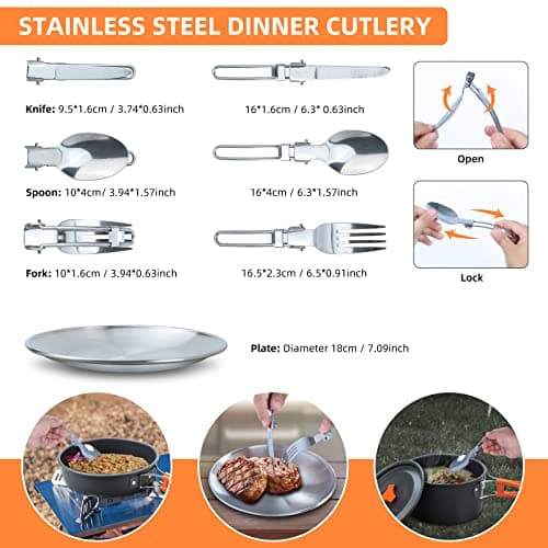 Lixada Camping Cookware Kit - 16pcs Stainless Steel Cookware Set with Plates, Forks, Knives, Spoons for Outdoor Cooking and Picnic for 1-2 People — view 4