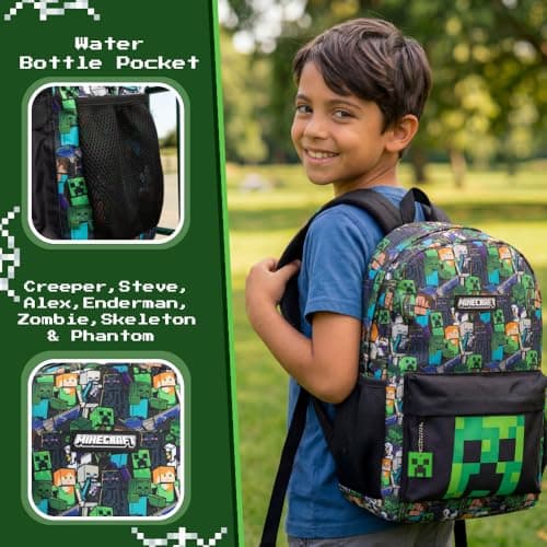 Minecraft Backpack for Boys - Creeper School Bag Kids Rucksack Gift, Black — view 6