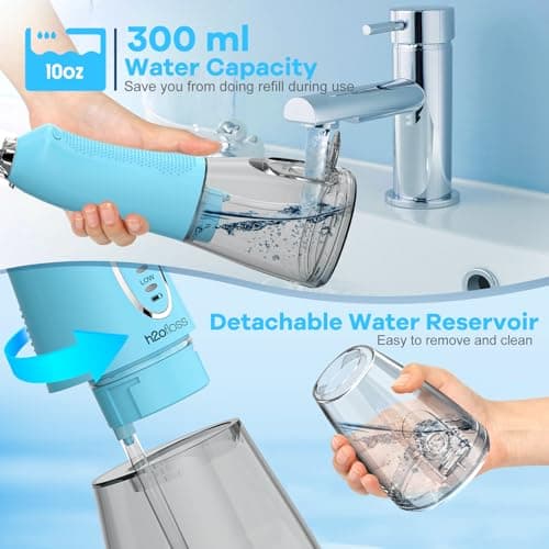 H2ofloss Cordless Portable Water Dental Flosser, 5 Mode IPX7 Waterproof Oral Irrigator, 300ML Rechargeable WaterFlosser for Teeth Cleaning - Sky Blue — view 3