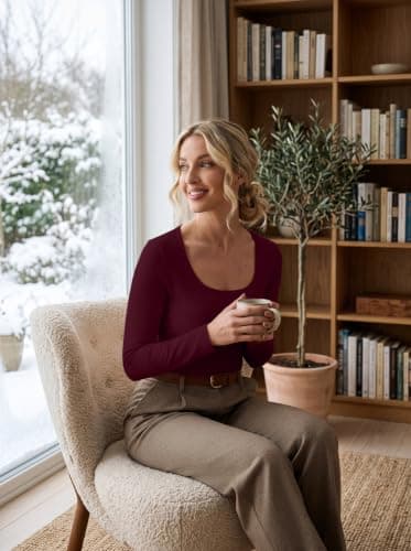 IWOLLENCE Thermal Tops Womens Scoop Neck Underlayer (Wine Red, M) — view 3