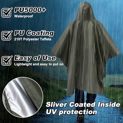 Dr.Fish Waterproof Rain Poncho for Adults, Lightweight Hooded Rain Coat Jacket with Pockets, Breathable Ripstop Rainwear for Hiking Camping Cycling, Packable with Storage Bag Green-Sliver — view 3