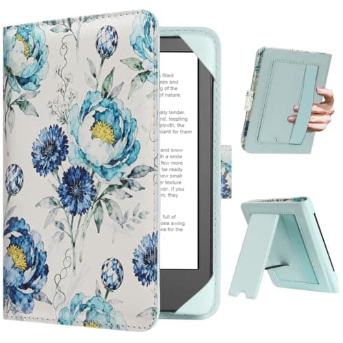 HoYiXi Universal Case For 6 inch eReader,Compatible with Kindle/Kobo Clara HD/Kobo Clara 2E/Paperwhite/PocketBook/Tolino eReader,with HandStrap/Kickstand, Cover Case for 6'' eReaders,Blue Rose