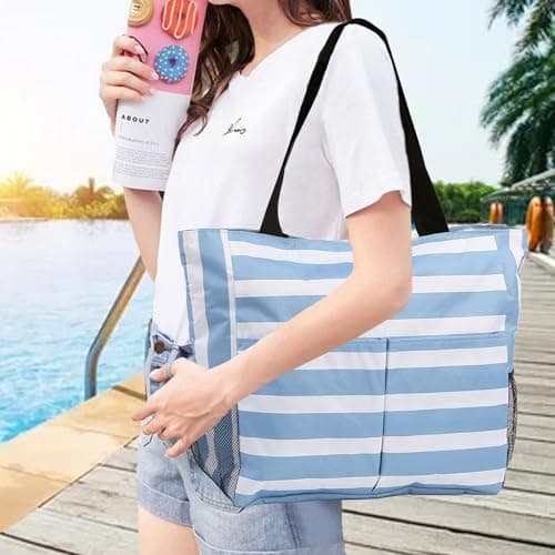 TAHAVICE Beach Tote Bags for Women with Zip, Large Waterproof Beach Bag with Pocket, Summer Beach Bags for Travel, Shopping, Pool, Gym — view 2