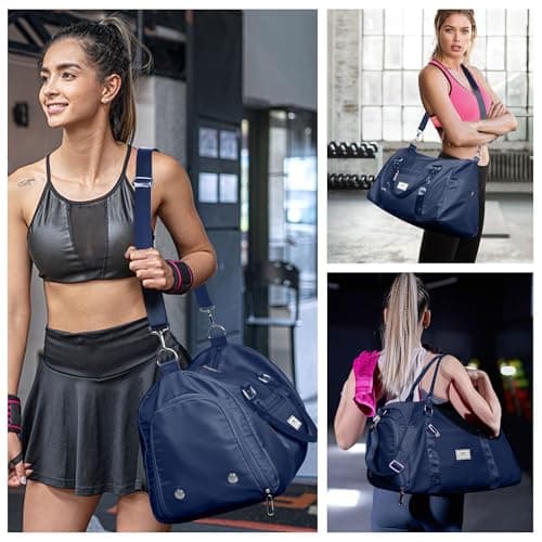 FIORETTO Womens Gym Sports Bag Travel Bag with Shoes Compartment & Wet Pocket, Weekend Overnight Duffle Hospital Bag Carry On Holdall for Travel Swimming Navy Blue — view 6