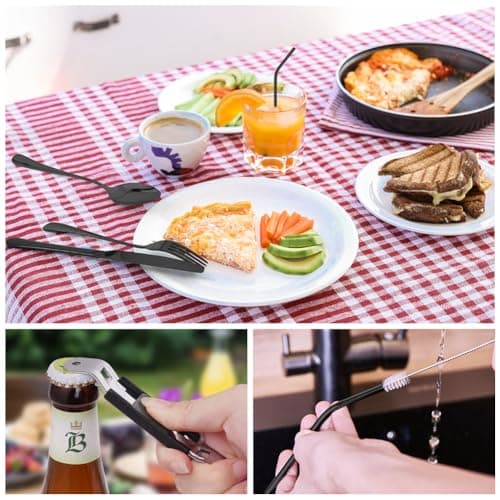 HOTUT Travel Cutlery Set with Portable Pouch Case, 9 Pcs Camping Cutlery Set with Bottle Opener Straw Spoon Knife Fork, Stainless Steel Flatware Set Portable Utensils for Outdoor Travel Picnic Office — view 4