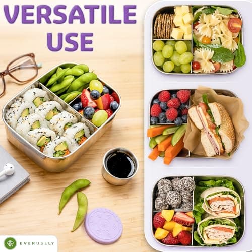Everusely - Bento Box - Lavender, 47oz / 1.4 L - Large Stainless Steel Lunch Box & Leakproof Condiment Holder - 3 Compartment Snack Container Office Meals - Freezer & Dishwasher Safe — view 5