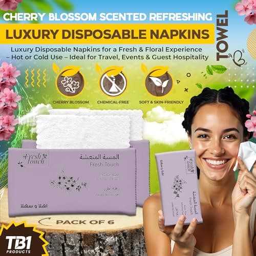 TB1 Products Luxury Towel Wipes 6 Pack – Cherry Blossom Scent – Large 25x25cm Disposable Towels – Individually Wrapped Soft Napkins for Face, Hands & Body – Hot or Cold Use for Travel & Events — view 2
